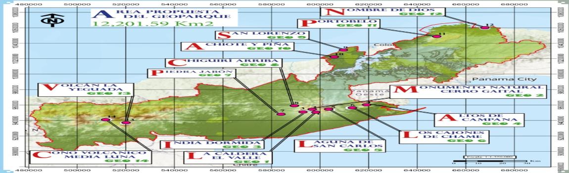 El polígono del “PROYECTO GEOPARQUE PUENTE DE LAS AMÉRICAS”, incluye 12,211.59 km2 comprendidos por la zona del Complejo Volcánico de El Valle, Complejo Volcánico Chitra-Calobre, la cuenca hidrográfica del Canal de Panamá y las costas del caribe con las Fortificaciones de la Costa Caribe de Panamá, las históricas minas de manganeso y los antiguos centros volcánicos (Cerro Brujo.)